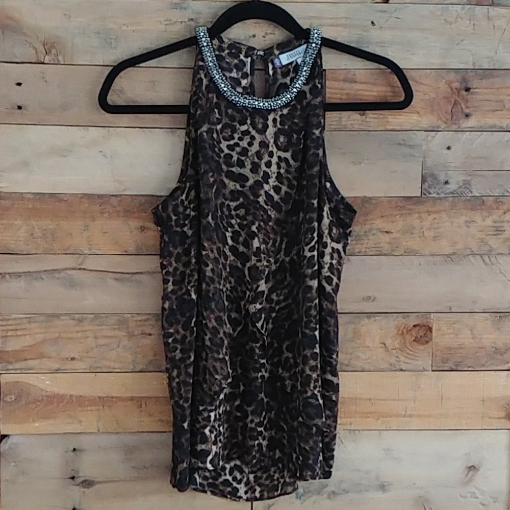 JLo Leopard Print Sleeveless Top with Embellished Neckline